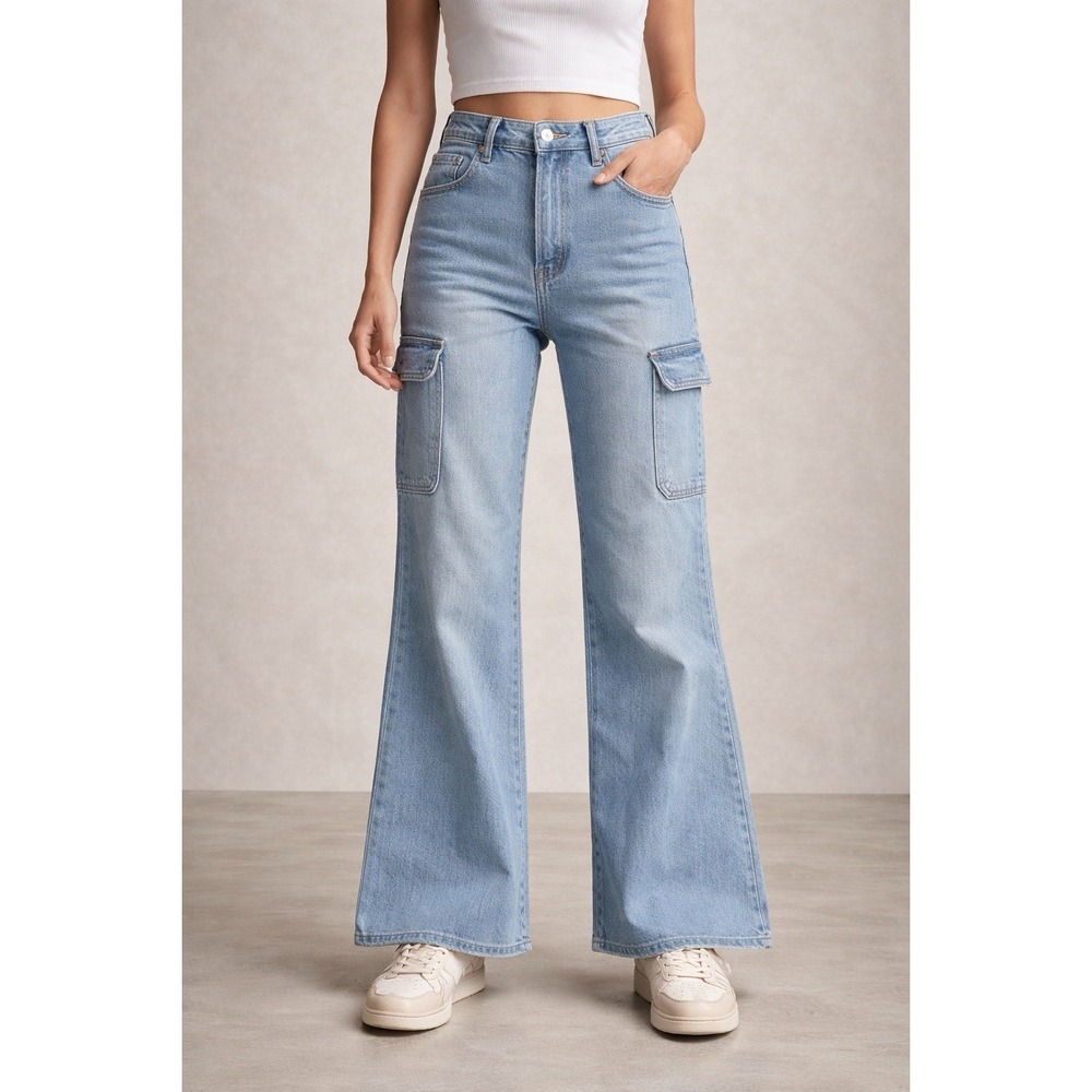 KanCan Estilo Cargo Flare Jeans Women's 23 Blue High Rise Wide Leg Utility Y2K